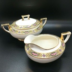 Homer Laughlin Vandemere Sugar Bowl with Lid Creamer Gold Trim Roses Pattern